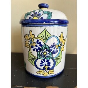 Alba Talavera Mexico Pottery Round Canister With Lid Hand Painted‎